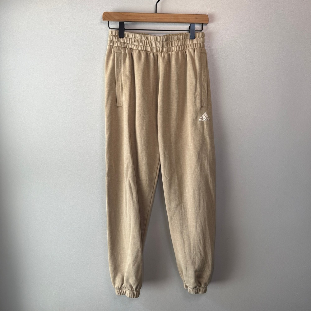Adidas Men's Tan Beige Fleece Lined Jogger Sweatpants Tapered Leg Pockets Small